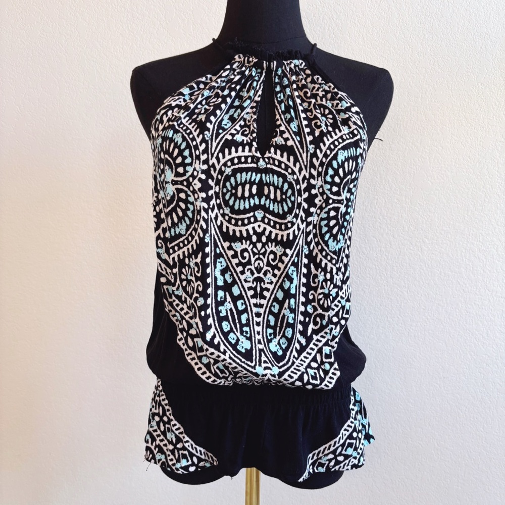 Ella Moss Black Boho Blouse Small Keyhole Tank Top Blue White Print Rayon